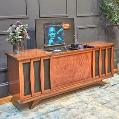 an old record player is sitting on top of a wooden cabinet next to a potted plant