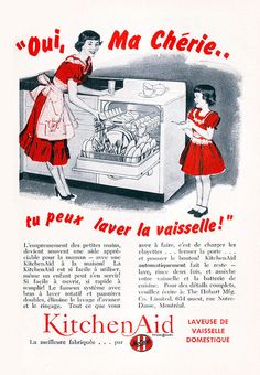 an old advertisement for kitchen aid with two girls in front of the oven, and another girl standing next to it