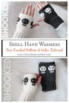 two pictures of hands with black and white crochet gloves on them, one has skull hand warmers