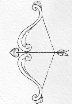 a drawing of an arrow with a bow and two leaves on it's side