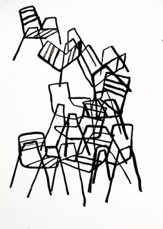 a black and white drawing of chairs stacked on top of each other