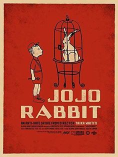 a movie poster for jojo rabbit with a boy looking at a dog in a cage