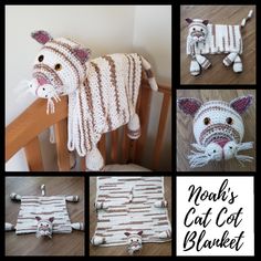 several pictures of cats made out of crochet yarns, including a cat sweater