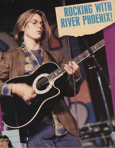 a man holding a guitar while standing on top of a purple and black cover with the words rockin'with river phoenix