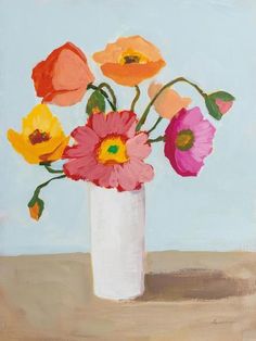 an oil painting of flowers in a white vase