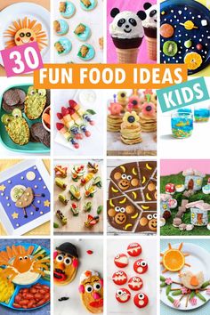 there are many different pictures with words on them that say fun food ideas for kids