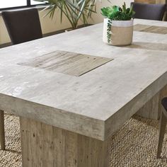 a table that has a plant in it and some chairs around it with a rug on the floor