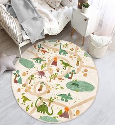 a child's bedroom with dinosaur rugs on the floor