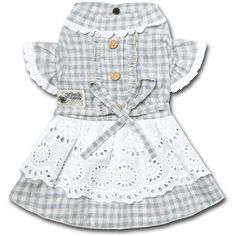 a white and grey plaid dress with lace trims on the bottom, collared neckline