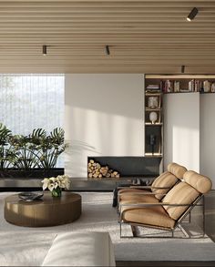 a living room with a couch, chair and coffee table in it's center