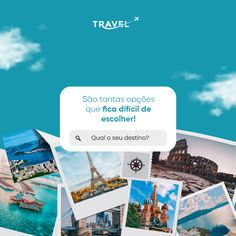 a bunch of pictures that are on top of each other in front of the words travel