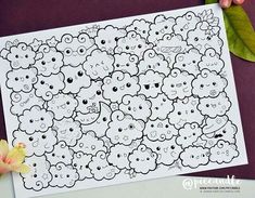 an image of a coloring page with clouds and cats on it, surrounded by flowers