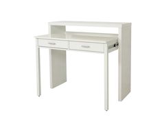 a white desk with two drawers and a drawer on the bottom, in front of a white background