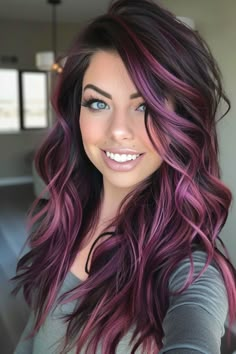 Click for More ➡️ | Save for Later ❤️  Mix black cherry with blonde highlights for a striking contrast that’s sure to turn heads. This combination is perfect for a bold, modern look on long or short hair. (Black Cherry and Blonde Highlights) White Silver Highlights, Fun Highlights For Dark Hair, Galaxy Purple Hair, Brunette With Burgundy Balayage, Strawberry Blonde And Purple Hair, Hair Color Placement Techniques, Grey To Purple Hair, Black Hair With Purple Lowlights, Orchid Purple Hair