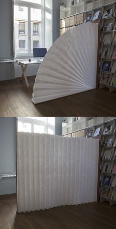 two pictures of a room divider with bookshelves in the back and on the front