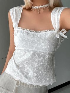 ⚡Buy 2024 Fairy Flowers Cami Top White M under $22.00 in Tops&Tees at AnotherChill.com Online. Style: Casual/Street/Y2K/Sweet/Preppy. Fabric Content: Polyester. Fit Type: Slim fit. Neckline: Square Neck. Sleeve Length: Sleeveless. Sweet design: Add a touch of sweetness and femininity to your wardrobe with this charming bow lace tank. Featuring a square neckline and delicate embroidered fabric with bows on the shoulders, this tank exudes a lovely and graceful vibe.. Slim fit: Flaunt your figure a White Coquette, Top In Pizzo, Wardrobe Style, 2024 Fashion, Lace Tank, Cami Tops, Square Neckline, Cute Tops