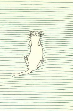 a drawing of a cat sitting on top of a piece of paper with lines in the background