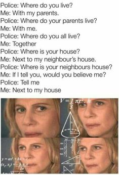 the face of a woman with different facial expressions on her face and text that reads police where do you live? who do your parents live?