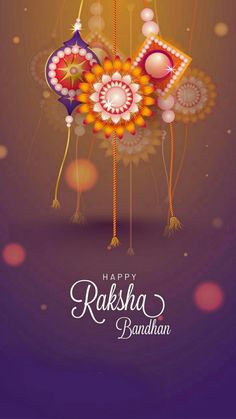 happy raksha bandhan greeting card with balloons and garlands on purple background