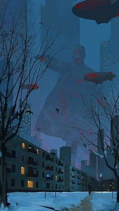 an image of a man walking in the snow at night with buildings and birds flying overhead