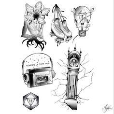 an ink drawing of various things that are in the shape of a clock and other items