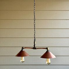 two lights hanging from the ceiling in front of a house