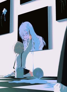 an anime character sitting on the floor in front of a window with her head down