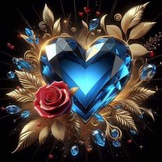 a blue heart surrounded by jewels and roses