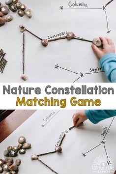 a young boy is making a matching game for nature constition with rocks and beads