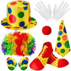 PRICES MAY VARY. A Nice Clown Costume Set: the package contains 1 piece of clown hat, 1 piece of clown wig, 1 piece of clown nose, 1 piece of clown bow, 1 piece of clown tie, 1 pair of clown shoes, and 1 pair of white gloves, a nice clown costume set to meet your cosplay party needs Quality and Reliable Material: the clown costumes are made of quality fabric, etc., which are soft and skin friendly, giving you a comfortable wearing experience; And they are not easy to fade or break, reliable and Clown Hair, Clown Accessories, Clown Costumes, Clown Wig, Clown Halloween Costumes, Clown Hat, Rainbow Accessories, Clown Party, Rainbow Wig