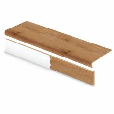 a wooden shelf with white trim on the top and bottom, against a white background