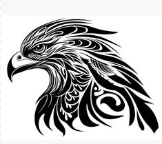 an eagle's head in black and white with intricate designs on the wings, tattoo style