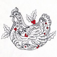 a drawing of a rooster with holly leaves