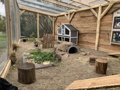 a chicken coop with chickens in it and an animal house on the other side of the fence