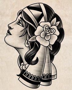 a drawing of a woman's head with a flower in her hair and the words wild wolf tattoo on it