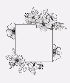 a black and white drawing of flowers with a square frame in the middle on a white background