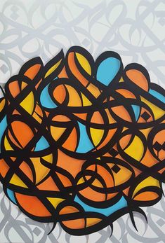 an abstract painting with orange, blue and yellow circles on white paper that has black lines running through it