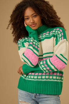 This cozy, statement piece features a vibrant blend of hues in a thick, textured knit, perfect for adding a pop of color to your outfits this season. Crafted from soft, high-quality yarn, this sweater ensures you stay comfortable and stylish throughout the colder months. Pair it with jeans or leggings for a cozy, eye-catching look that&rsquo;s perfect for any casual occasion. Cozy Wool Sweater With Ribbed Cuffs, Winter Multicolor Sweater With Ribbed Cuffs, White Dress Skirt, Cozy Multicolor Soft Knit Sweater, Altard State Sweaters, Forever 21 Sheep Sweater, Textured Knit Sweater, Textured Sweater, Skirts With Boots