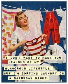 an advertisement for glamour clothing featuring a woman ironing clothes on a washing machine and drying her laundry