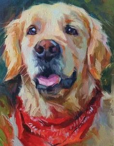 a painting of a dog wearing a red bandana