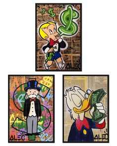 three paintings depicting cartoon characters with money