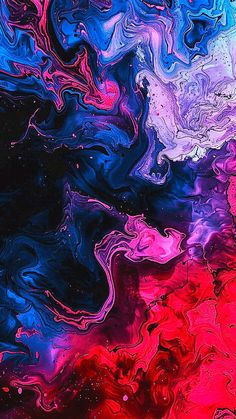 an abstract painting with red, blue and purple colors on it's surface that looks like fluid paint