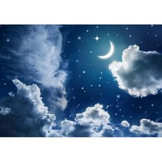 the night sky with stars and crescent moon in the clouds is lit up by moonlight