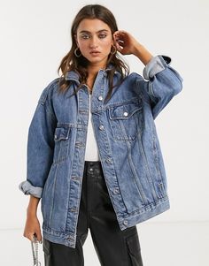 Topshop oversized denim jacket in mid wash blue | ASOS Jean Jacket Outfits, Interesting Outfits, Oversized Jean Jacket, Denim Jacket Fashion, Topshop Jeans, Layered Fashion