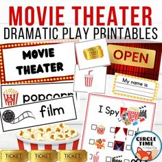 Fun movie theater dramatic play printables and activities for preschool, prek, and kindergarten! Fun props for your theater set-up with related activities that your little ones will love. You receive:26 Page PDFVariety of full color, themed signs, props, and activitiesBlack line printablesIncluded in this pack:Curtains - open and closedMarquee labels (4)Open/Closed foldable tent signName tagsDollar billsTicketsSigns for tickets, popcorn, soda, and candyPretend play props (5 pgs)Word cardsPicture Dramatic Play Movie Theater, Movie Theater Dramatic Play, Theater Dramatic Play, December Preschool, Pretend Play Printables, Play Printables, Dramatic Play Themes, Dramatic Play Printables, Play Props