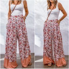 Boho Floral Print Pocket Wide Leg Palazzo Pants S M L Xl, 100% Viscose, Ships In 7-8 Days Couture, Flowy Pants Outfit, Palazzo Pants Outfit, Mom Uniform, Wide Leg Lounge Pants, Boutique Couture, Wide Leg Palazzo Pants, Ruffle Pants, Flowy Pants