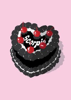 a black and white cake with cherries on top is shown in the shape of a heart