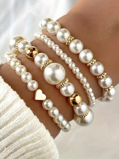 Temperament Fashion Imitated Pearl Stackable Layered Bracelets Statement Big Large Faux Pearl Bead Heart Bangle White Round Pearl Seed Bracelets For Women Girls Jewelry | SHEIN USA Cute Pearl Jewelry, Beaded Bracelets Charms, Valentine Beaded Jewelry, Navajo Pearl Bracelet, Cute Girly Jewelry, Big Beads Bracelets, Bead And Wire Jewelry, Cute Beaded Bracelets, Home Made Jewelry