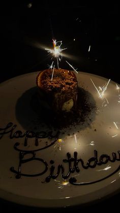 a birthday cake on a plate with sparklers