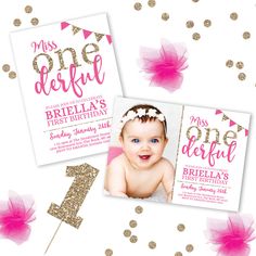 two pink and gold first birthday party cards with the number one on it, next to some